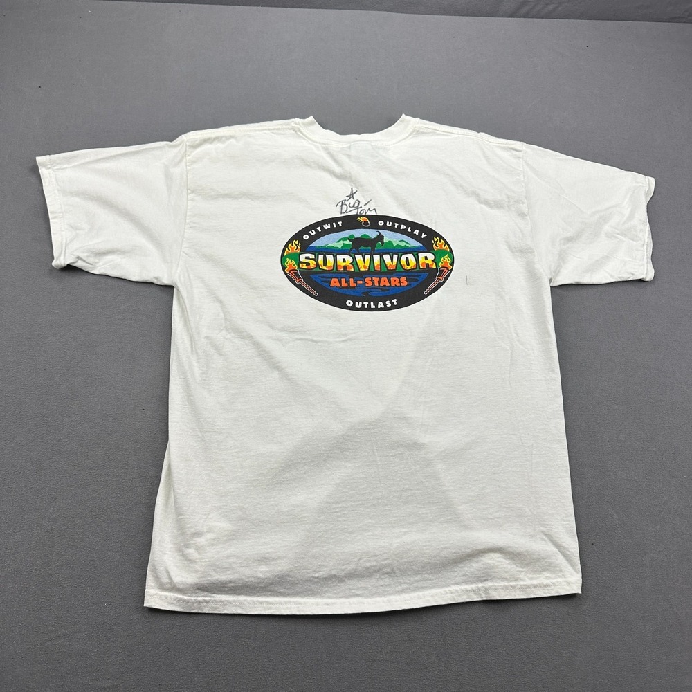 Vtg Survivor All Stars Gildan T-Shirt Men XL White *AUTOGRAPHED/SIGNED* Big Tom